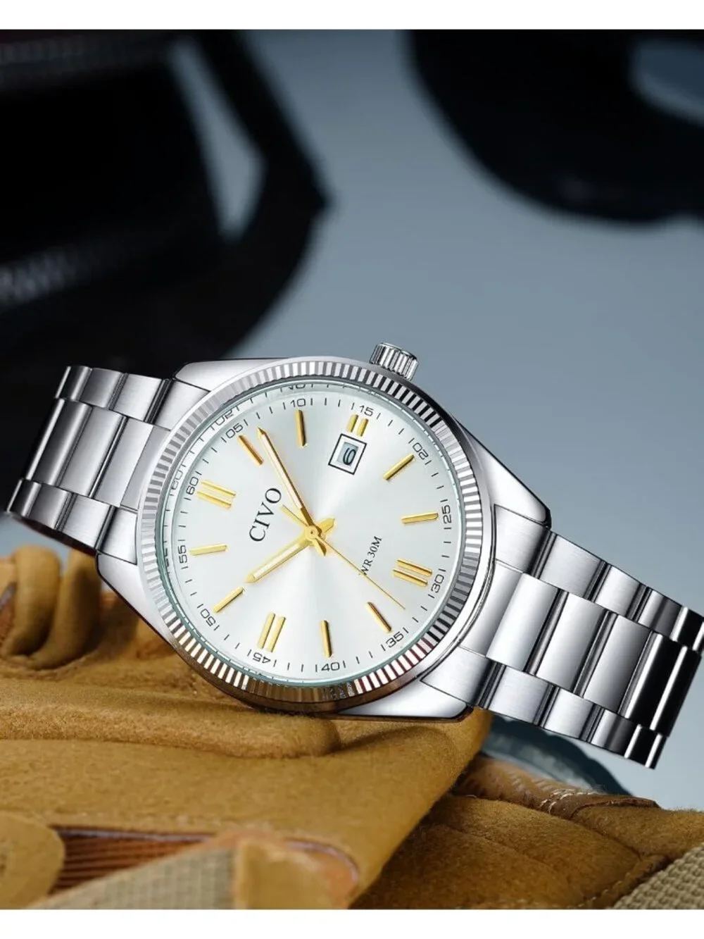 Mens Silver Gold Analog Quartz Skeleton Stainless Steel Strap Casual Wrist Watch